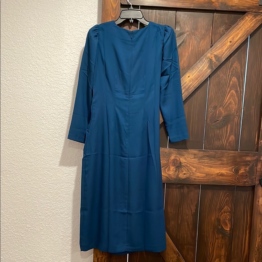 NWT Ann Taylor Blue Ruched Sheath Dress with Puff Sleeves - Picture 2 of 5
